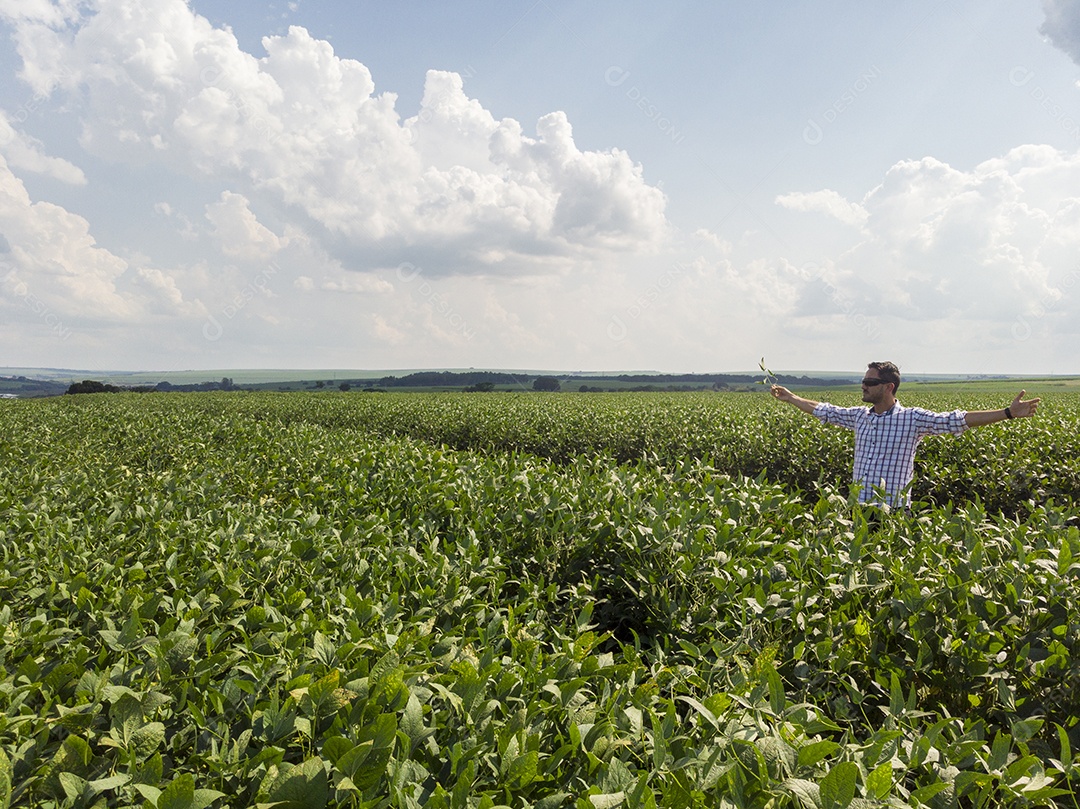Homem agricultor sobre seu plantio