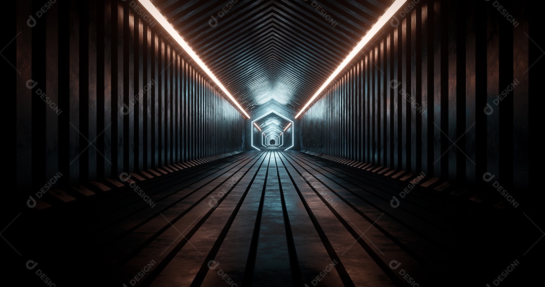 Renderização 3D Túnel escuro com luzes