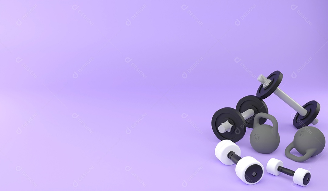 Peso 3d, haltere e kettlebell em fundo roxo, conceito de exercício de ilustração de renderização 3d