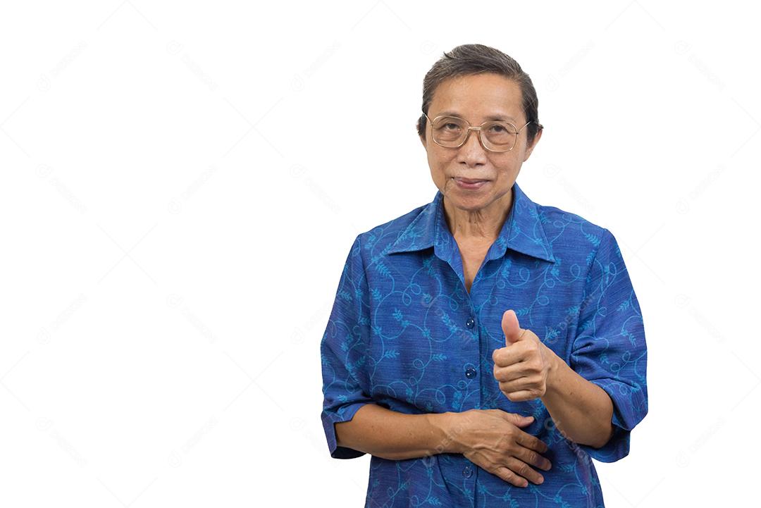 Retrato asiática senhora de mulher mostra os polegares no fundo.