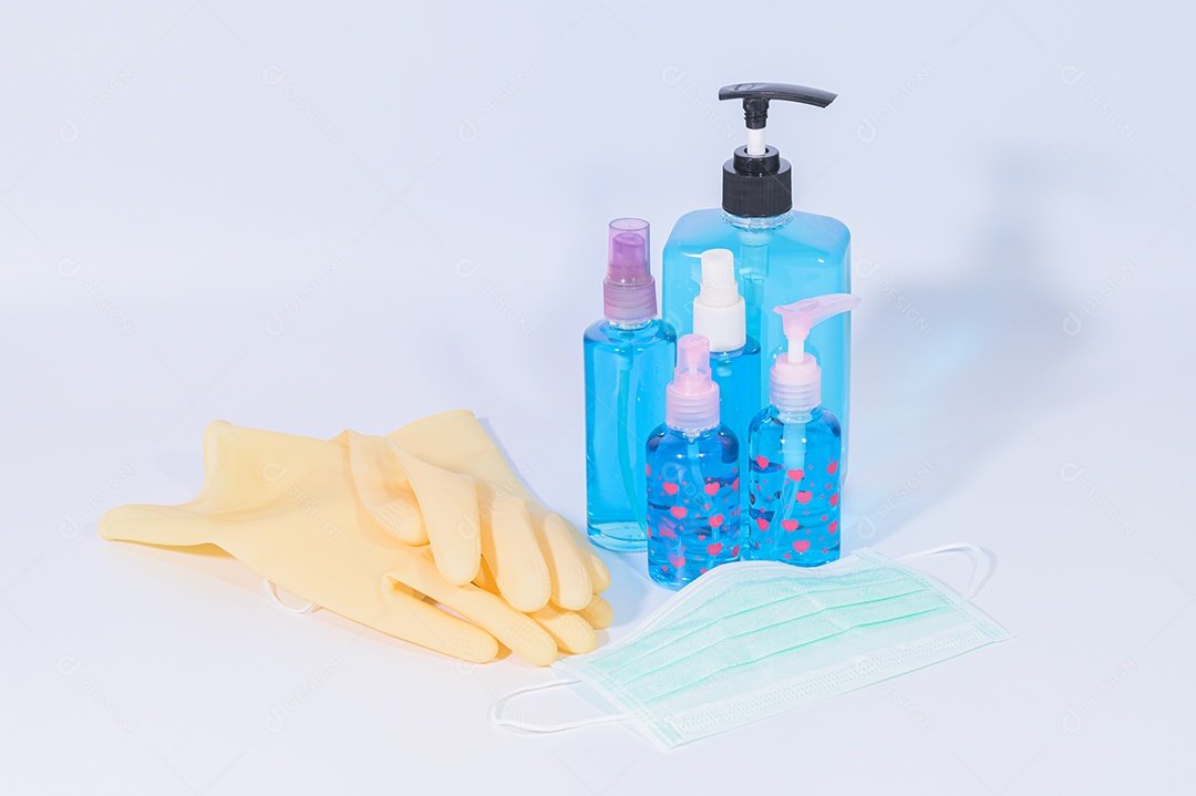 Luvas de látex, máscaras de gel, álcool, coronavírus protetor ou covid 19