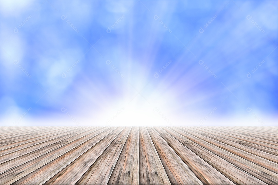 Piso de madeira, fundo bokeh azul claro com feixe de luz