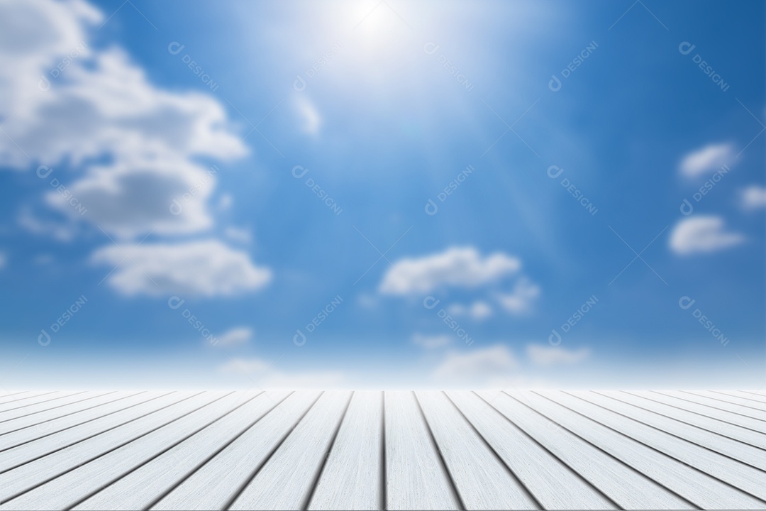 Desfoque do céu do pano de fundo do piso de madeira durante o dia