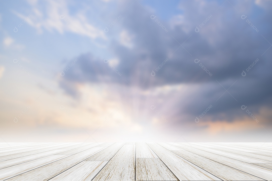 Wooden floor backdrop blurry sky at night
