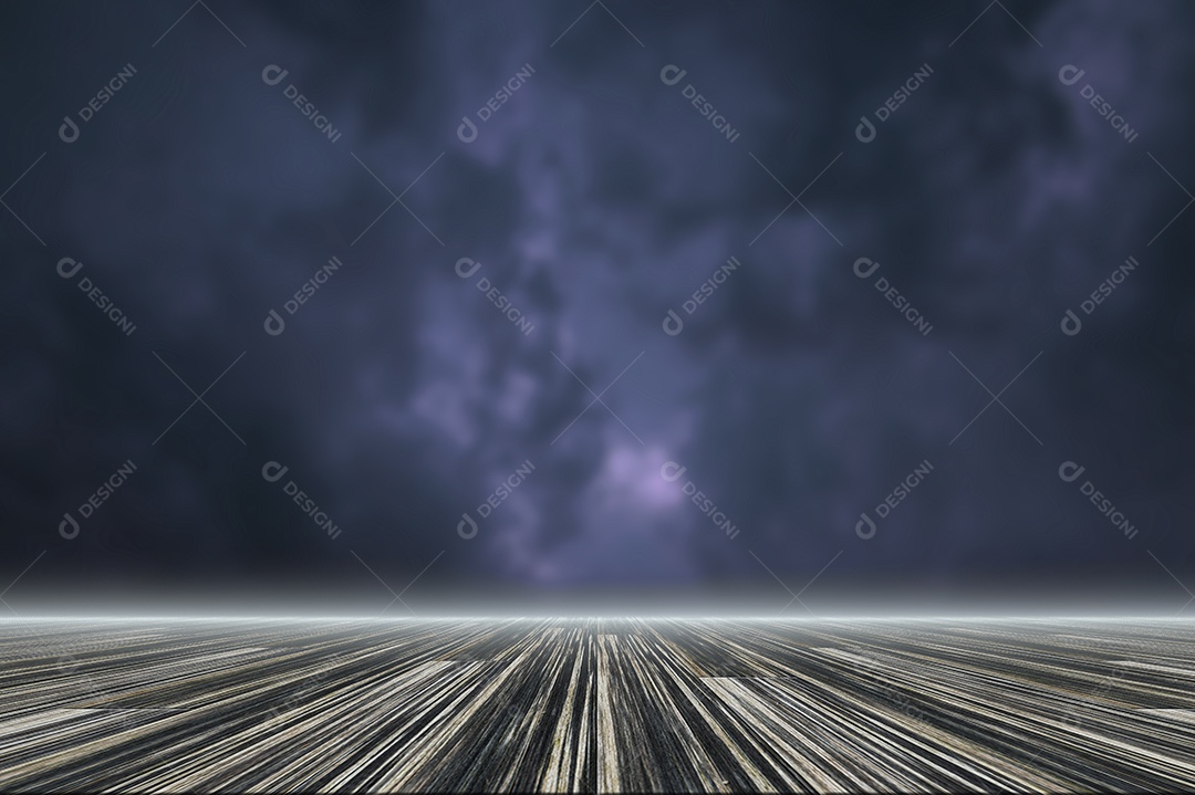 Cenário de piso de madeira turva o céu à noite