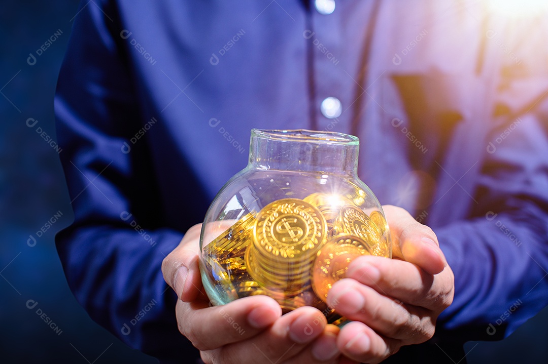 Concept of a businessman saving money in a glass jar and chart