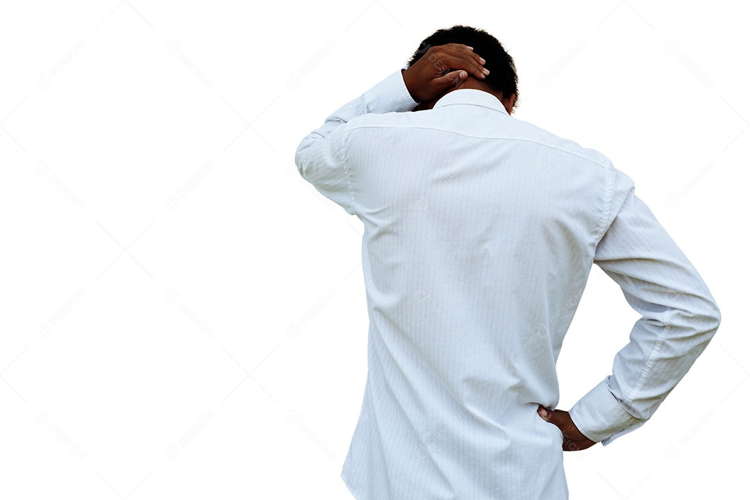 Empresário é mostrar gesto estressante e sombrio com algo isolado no fundo branco