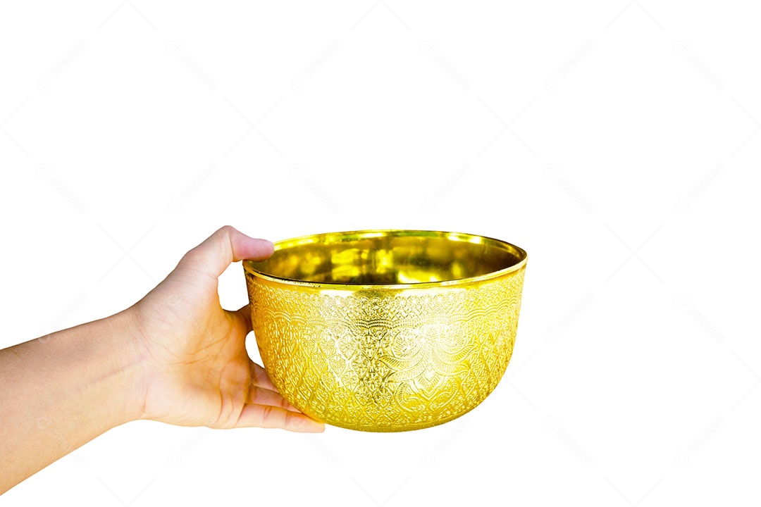 Tigela de ouro na mão do homem é estender a mão para dar isolado no fundo branco