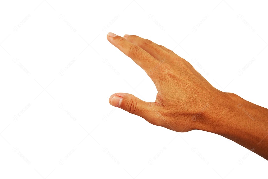 Mostre a mão traseira do homem em gesto de toque isolado no fundo branco