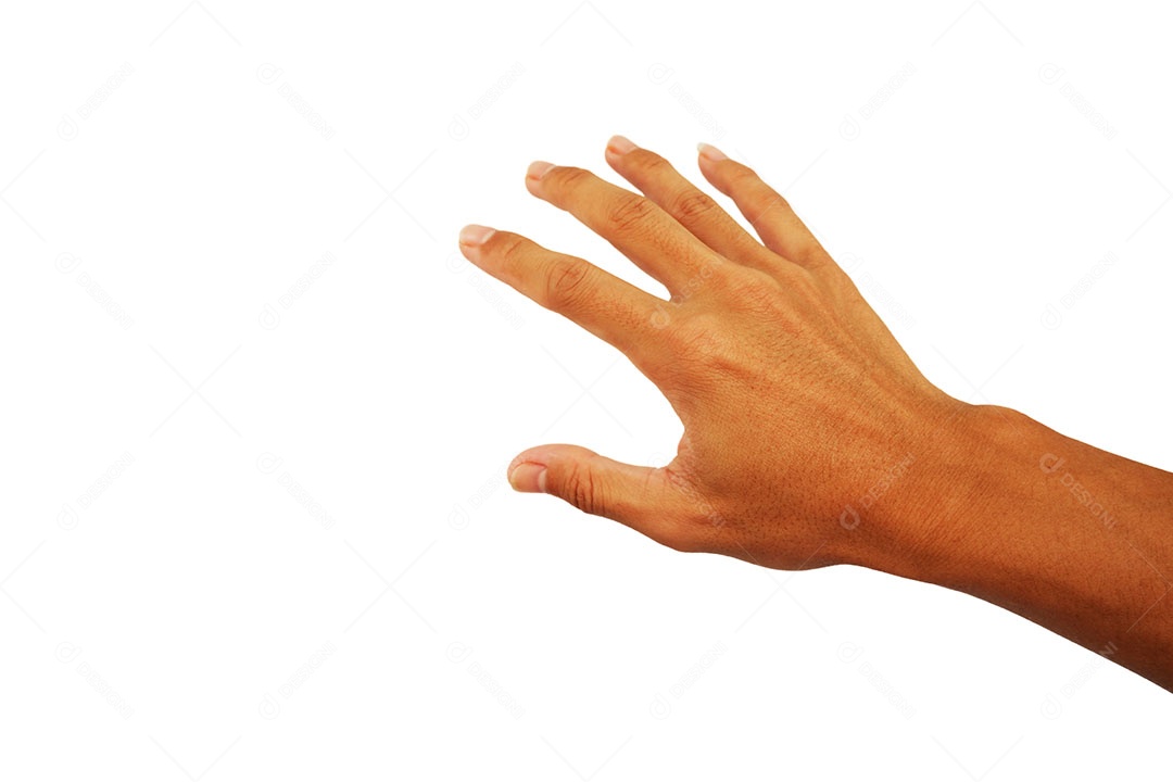 Mostre a mão traseira do homem em gesto de toque isolado no fundo branco