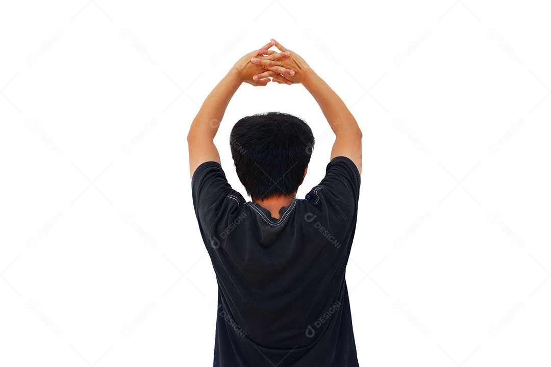 O homem mostra o gesto relaxa estendendo a mão para cima Sobrecarga isolada no fundo branco