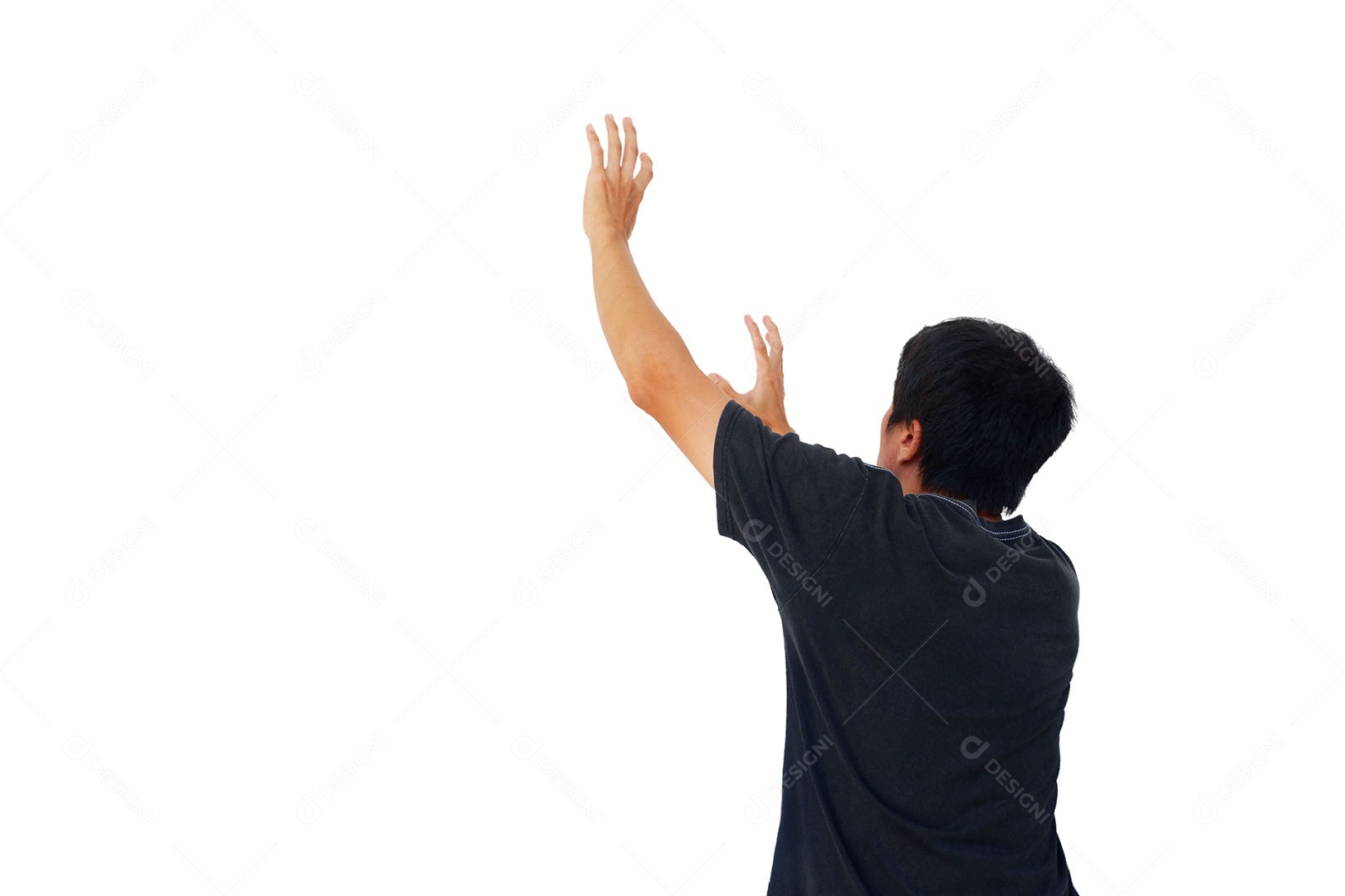 O homem mostra o gesto relaxa estendendo a mão para cima Sobrecarga isolada no fundo branco