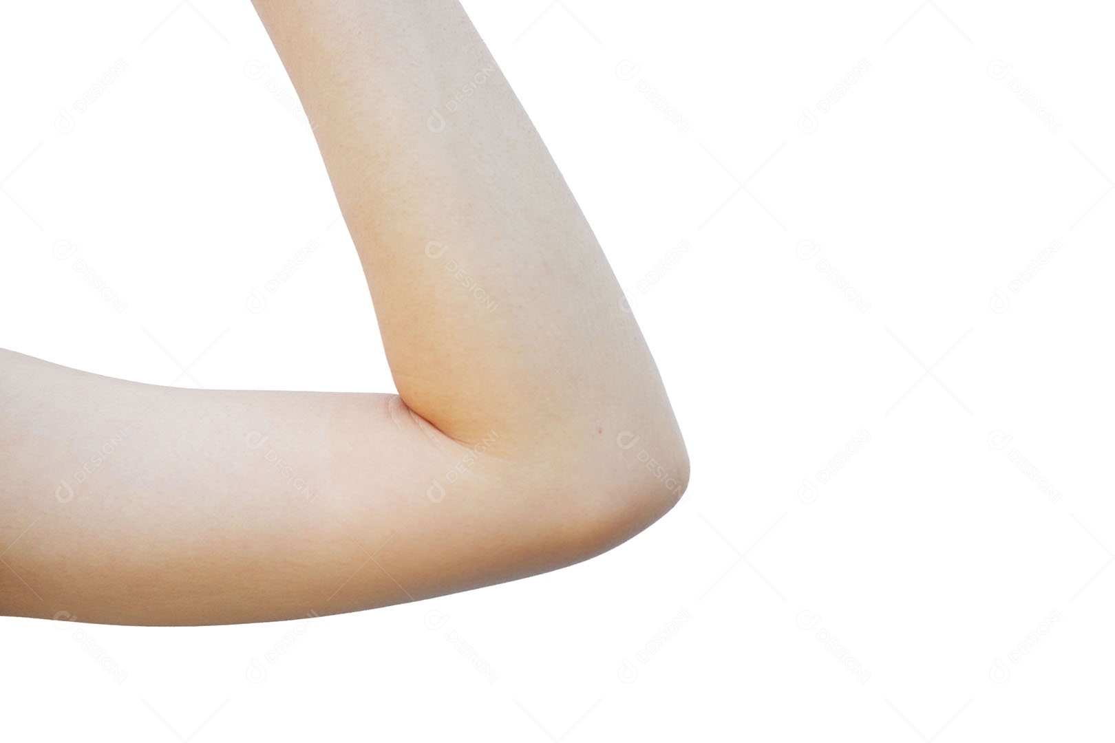 Cotovelo de mulher asiática com pele branca e afiada isolada no fundo branco