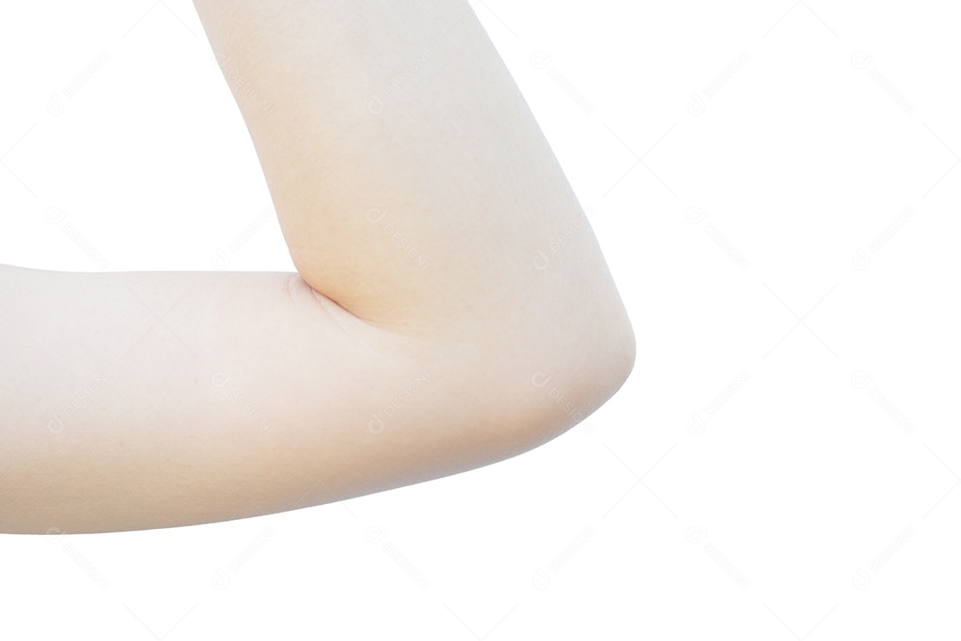 Cotovelo de mulher asiática com pele branca e afiada isolada no fundo branco