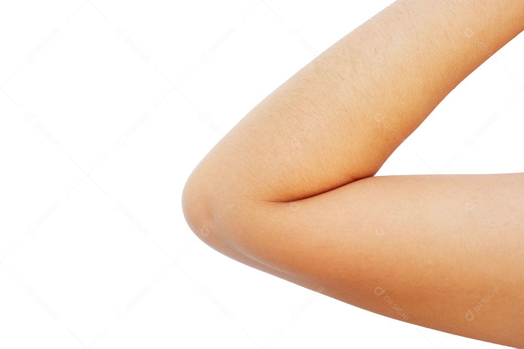 Cotovelo de mulher asiática com pele branca e afiada isolada no fundo branco