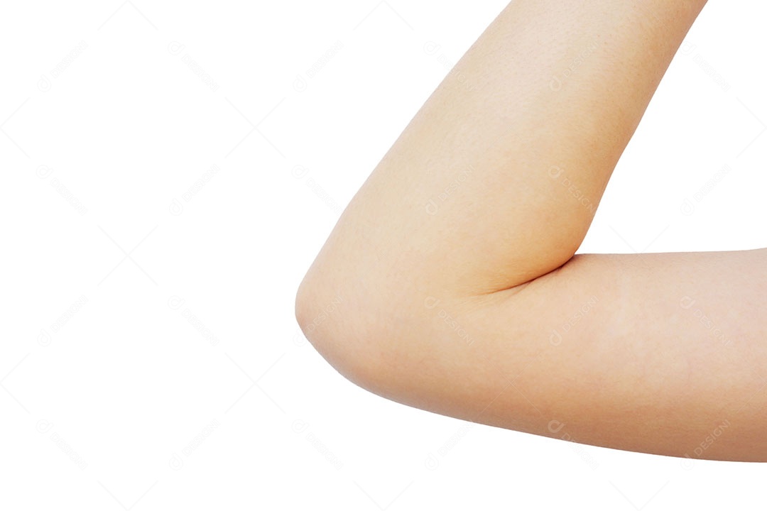 Cotovelo de mulher asiática com pele branca e afiada isolada no fundo branco