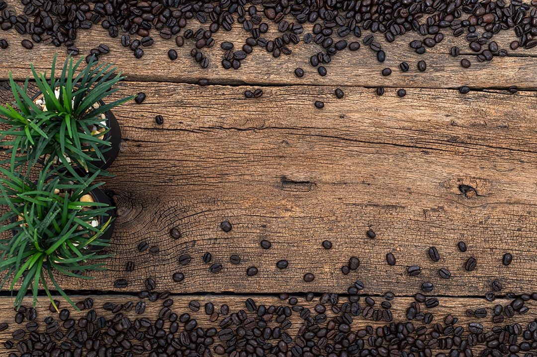 Vasos de plantas e grãos de café na vista superior da mesa de madeira