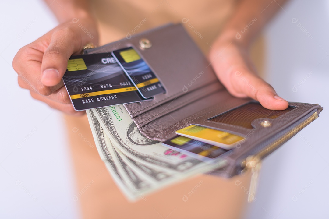 Mulher de negócios usam cartões de crédito e dinheiro