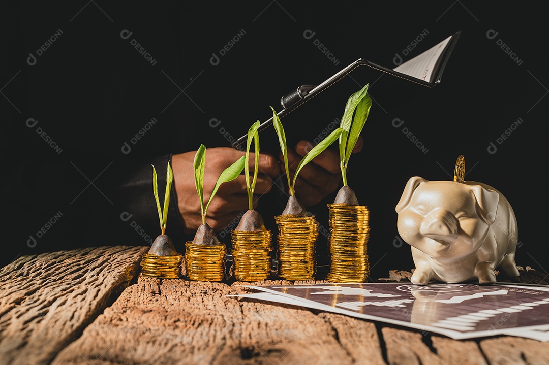 Empresário leem relatórios em livros Gráfico de crescimento de moedas de dinheiro para investimento