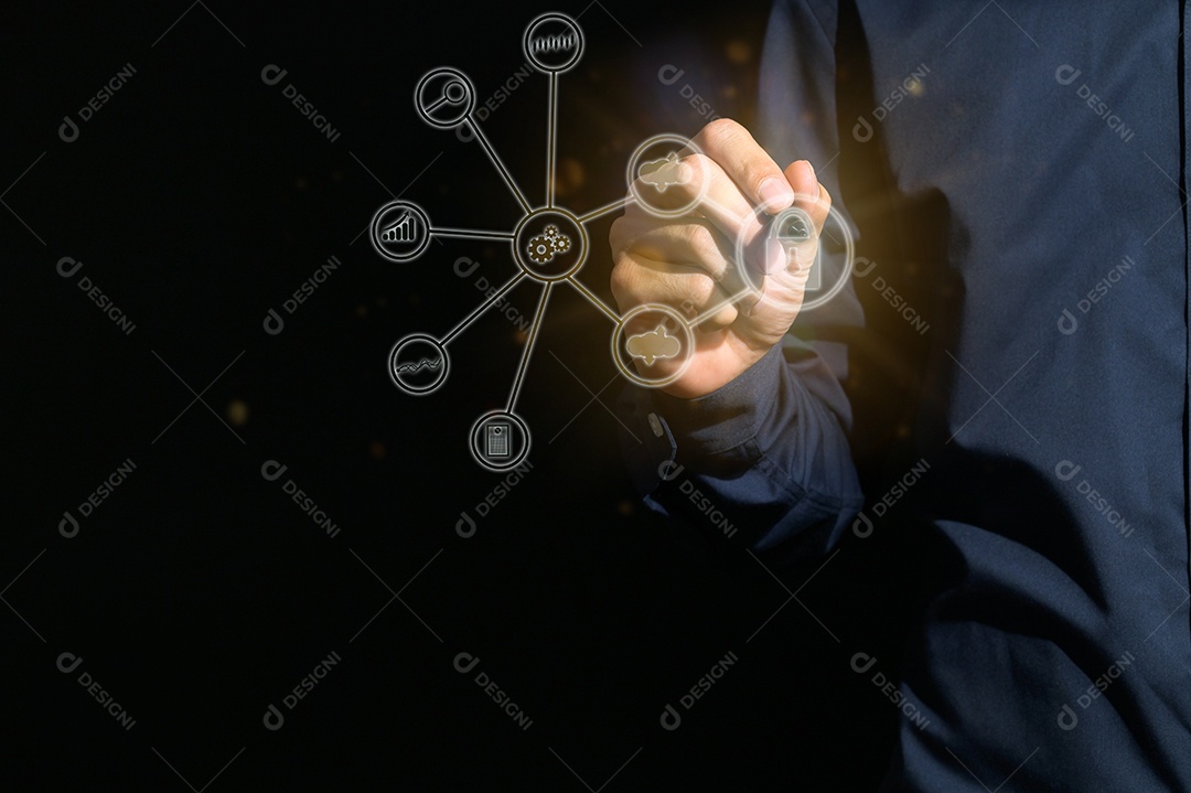 Conceito de caneta de empresário usado para trabalhar no mundo digital