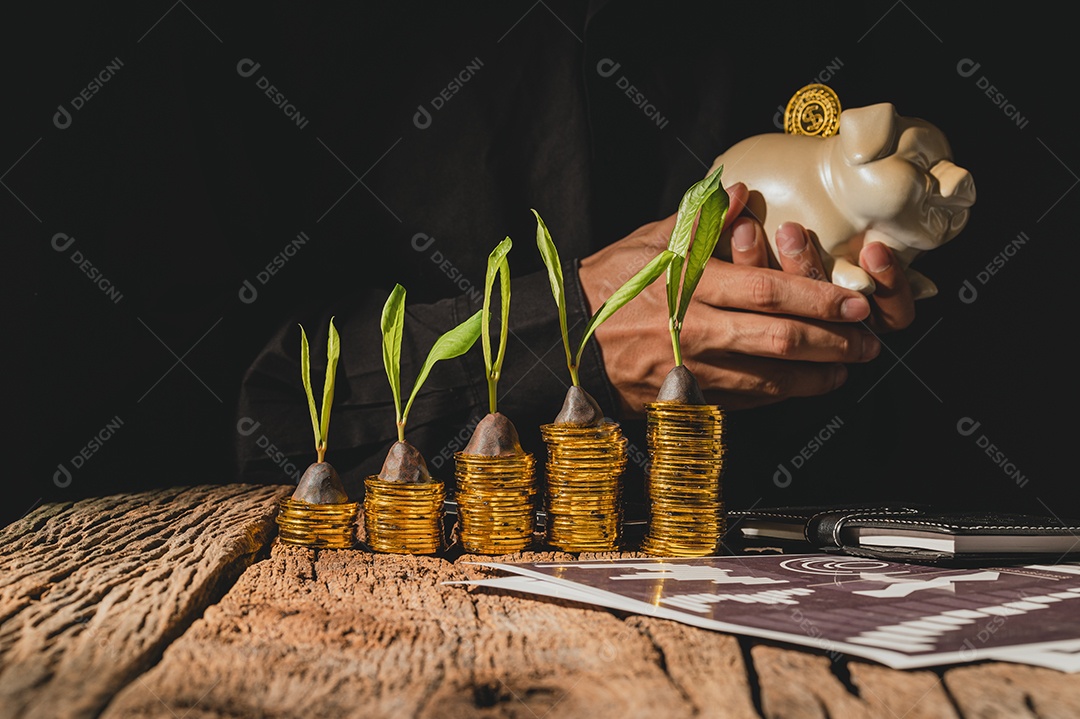 As pessoa economizam dinheiro em cofrinhos e representam graficamente o crescimento financeiro