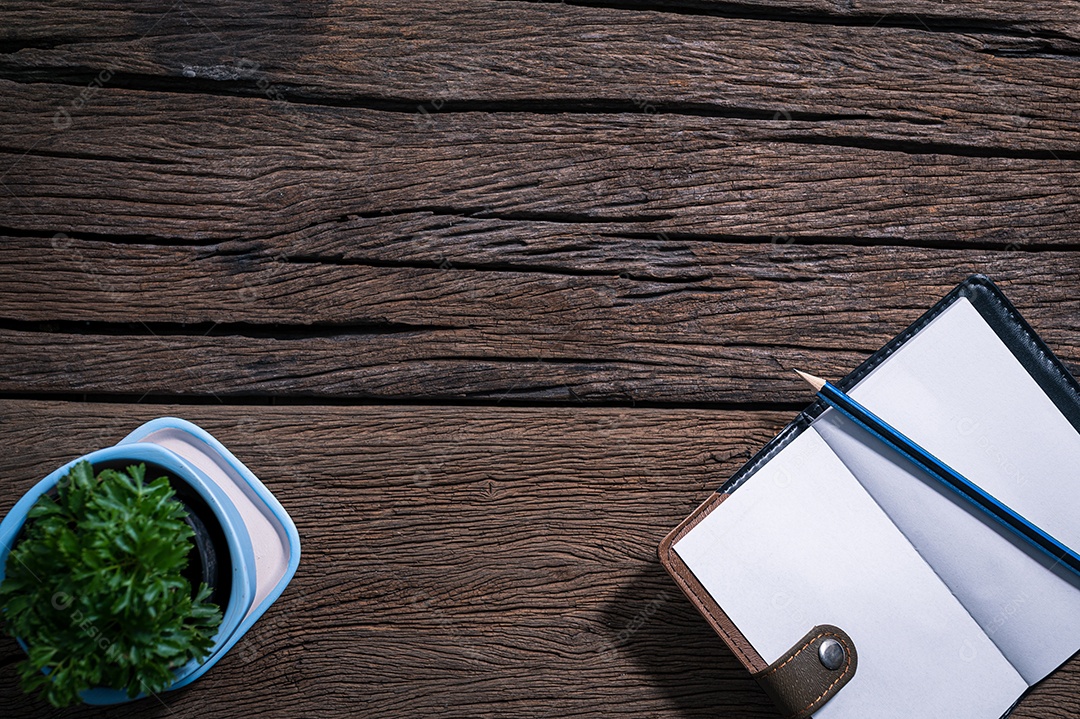 Bloco de notas, lápis, árvore em cima da mesa, vista de cima