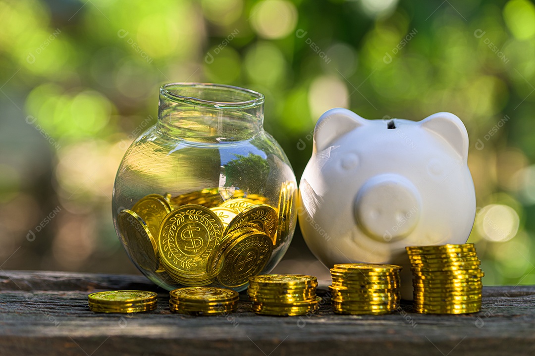 Cofrinho economizar dinheiro fundo bokeh natureza