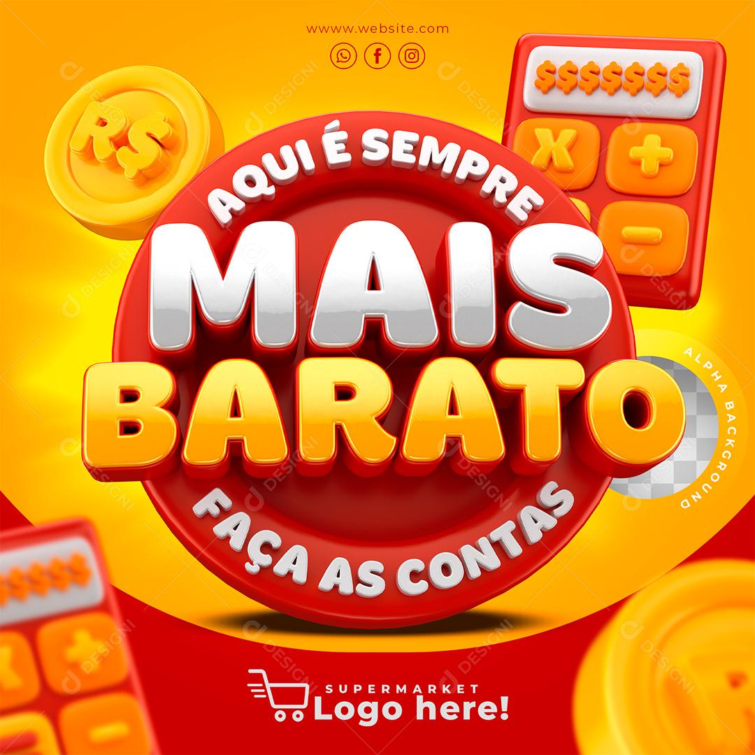 Aqui é sempre Mais Barato faça as contas Selo 3D Vermelho para Composição PSD