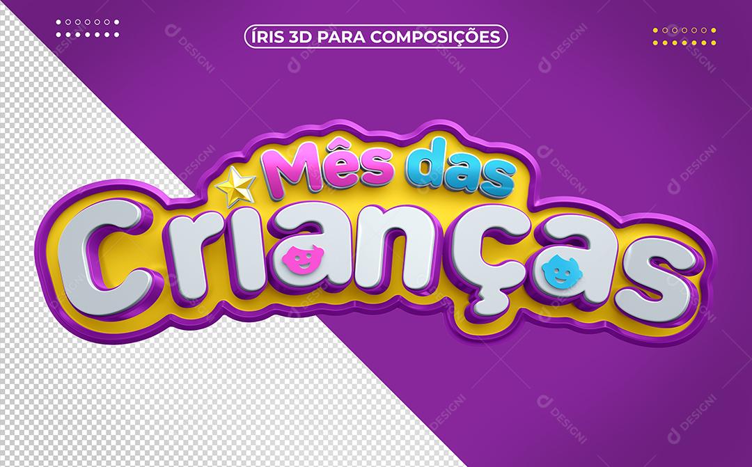 Mês das Crianças Selo 3D roxo e amarelo PSD