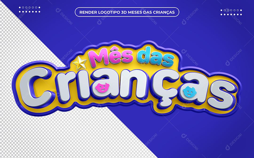 Mês das Crianças Selo 3D azul e amarelo PSD