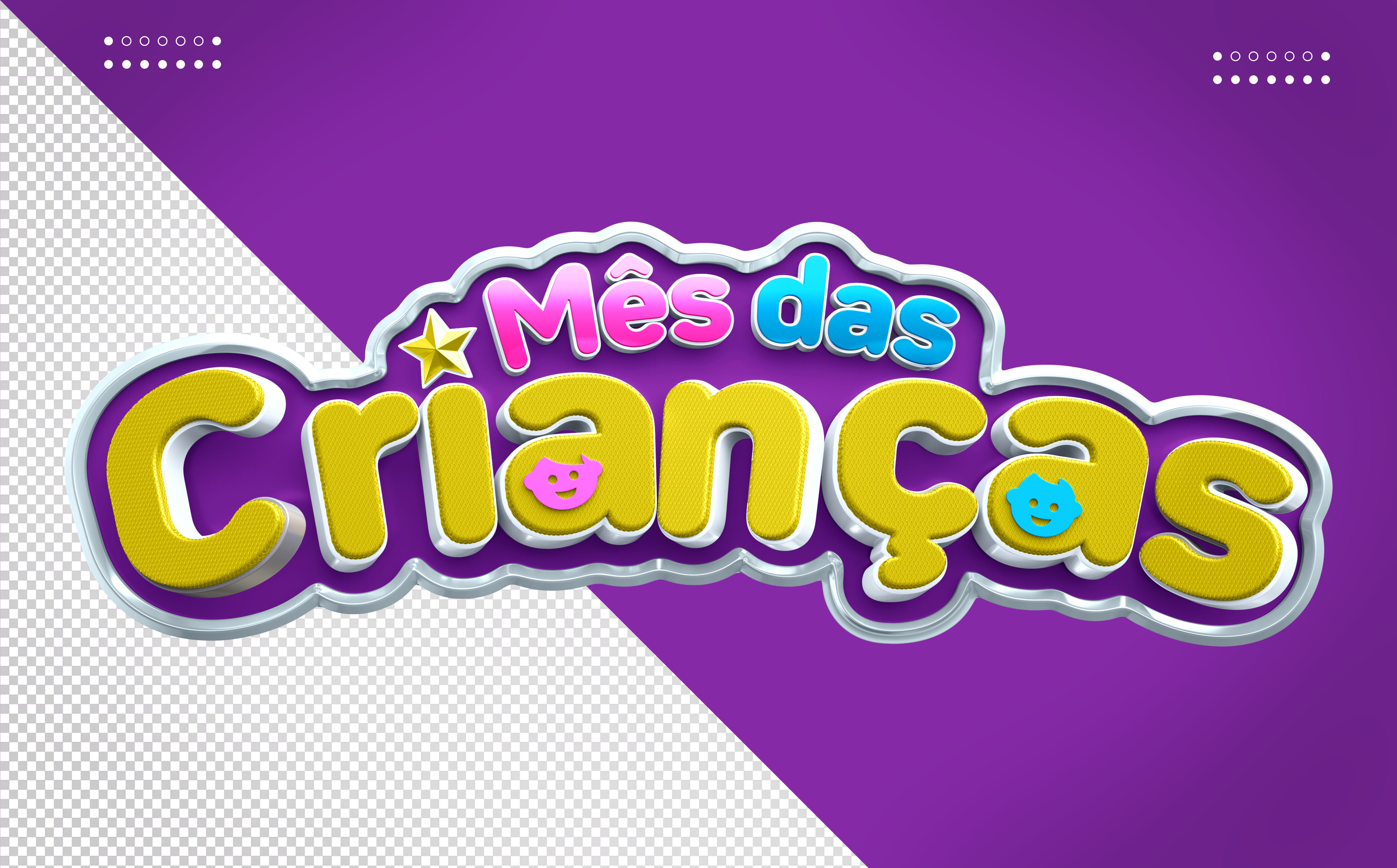 Mês das Crianças Selo 3D amarelo e roxo PSD