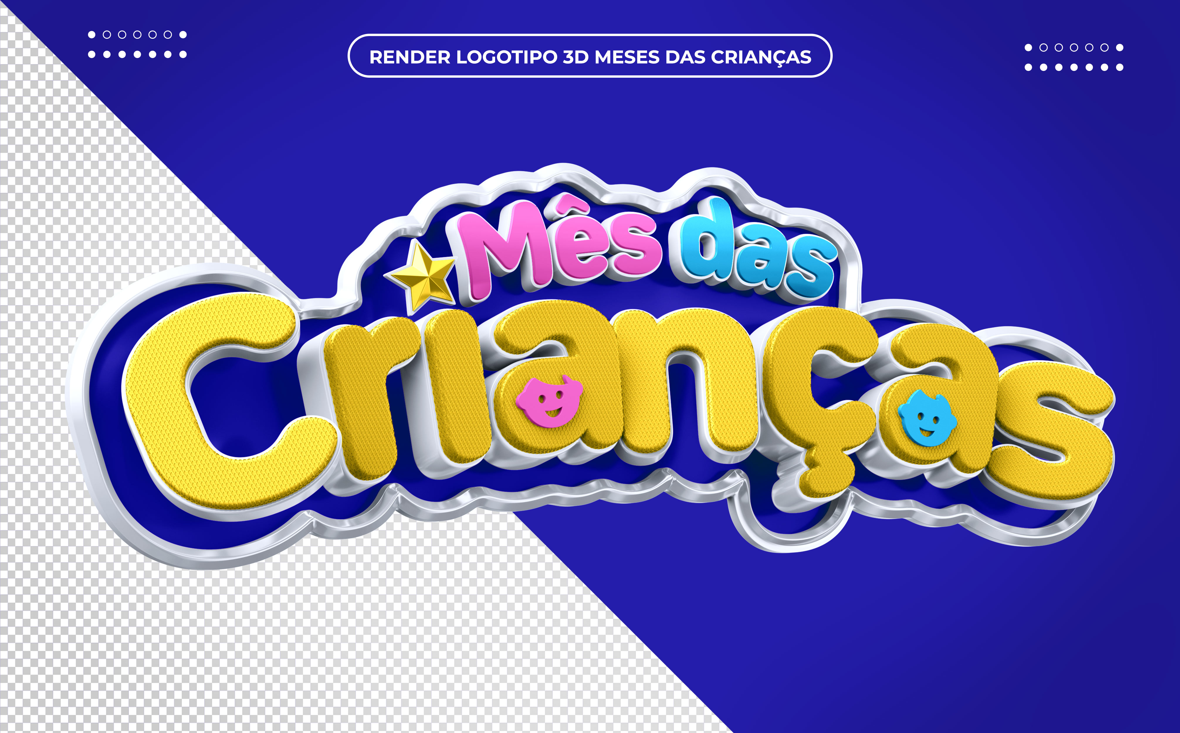 Mês das Crianças Selo 3D amarelo e azul PSD