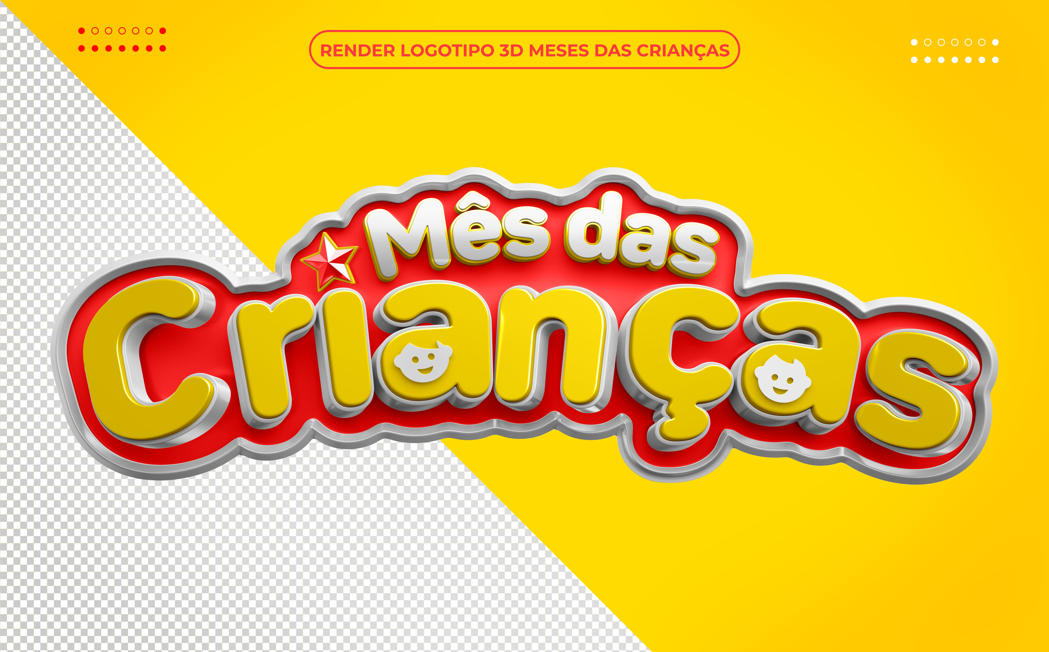 Mês das Crianças Selo 3D vermelho e amarelo PSD