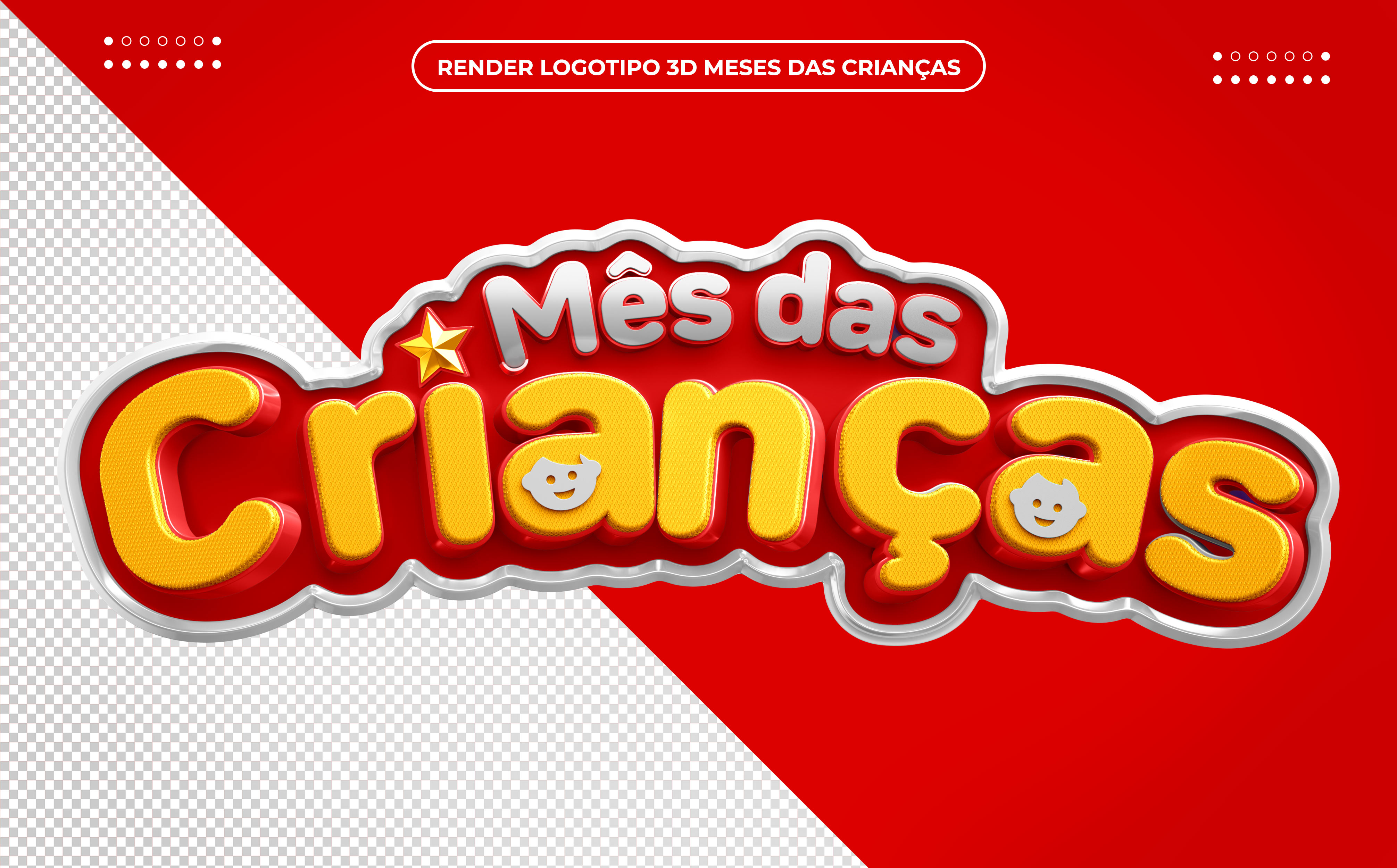 Mês das Crianças Selo 3D vermelho e amarelo PSD