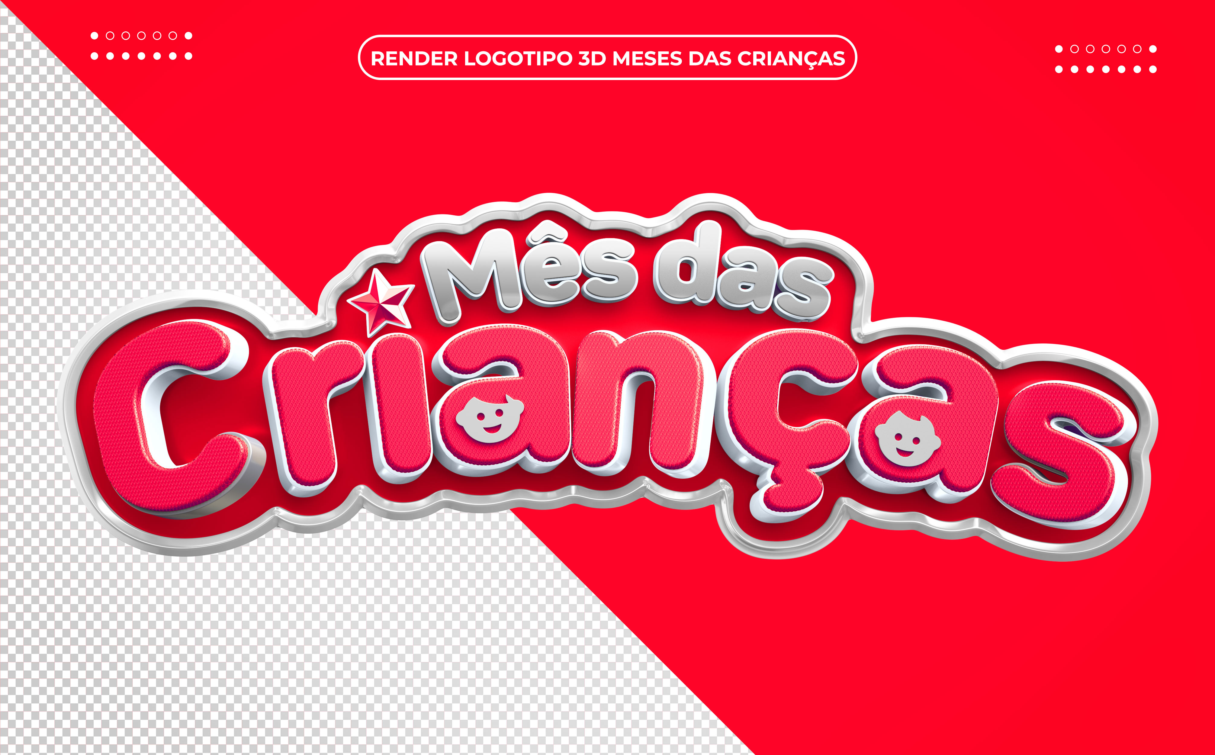 Mês das Crianças Selo 3D rosa e vermelho PSD