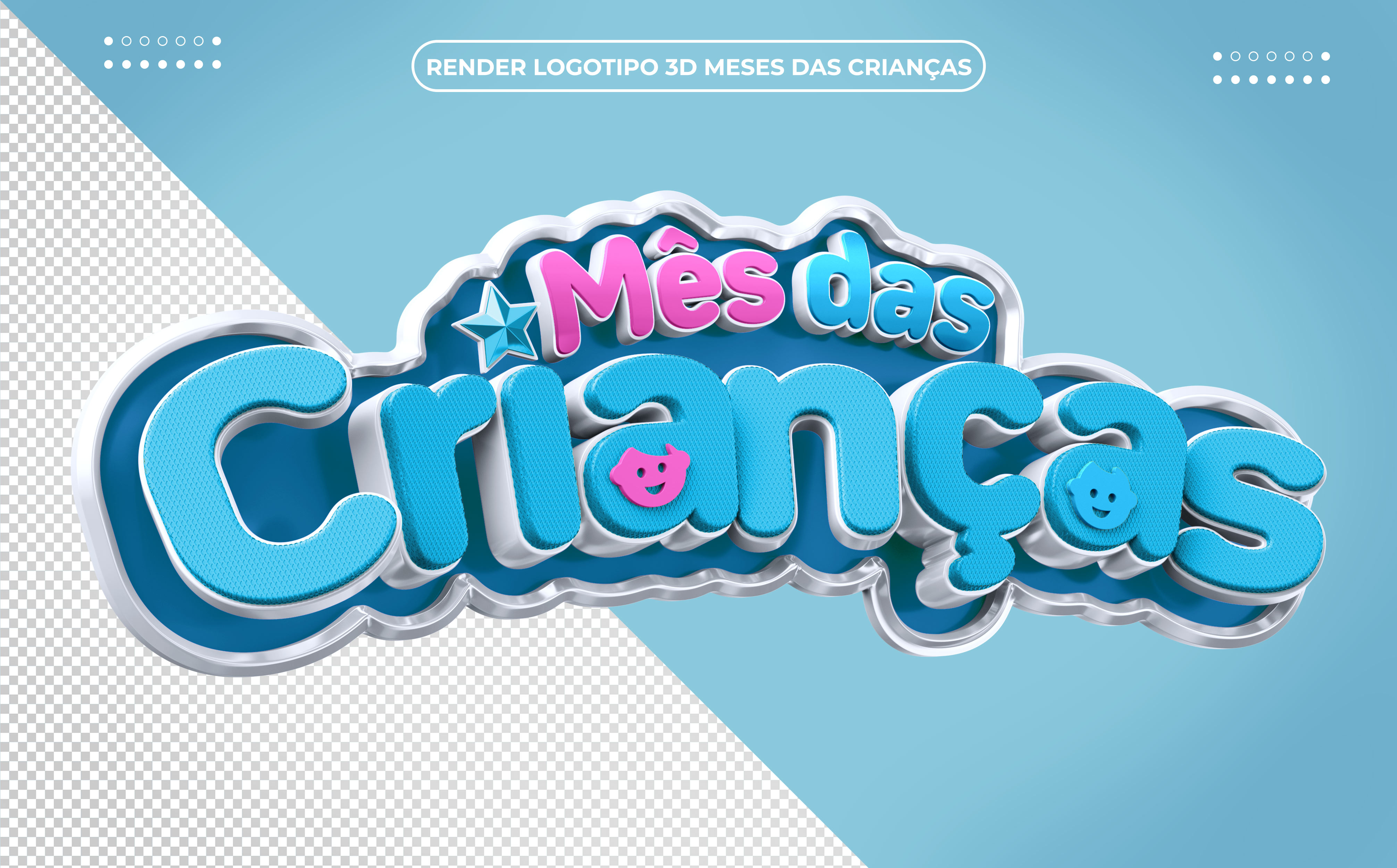 Mês das Crianças Selo 3D azul claro PSD