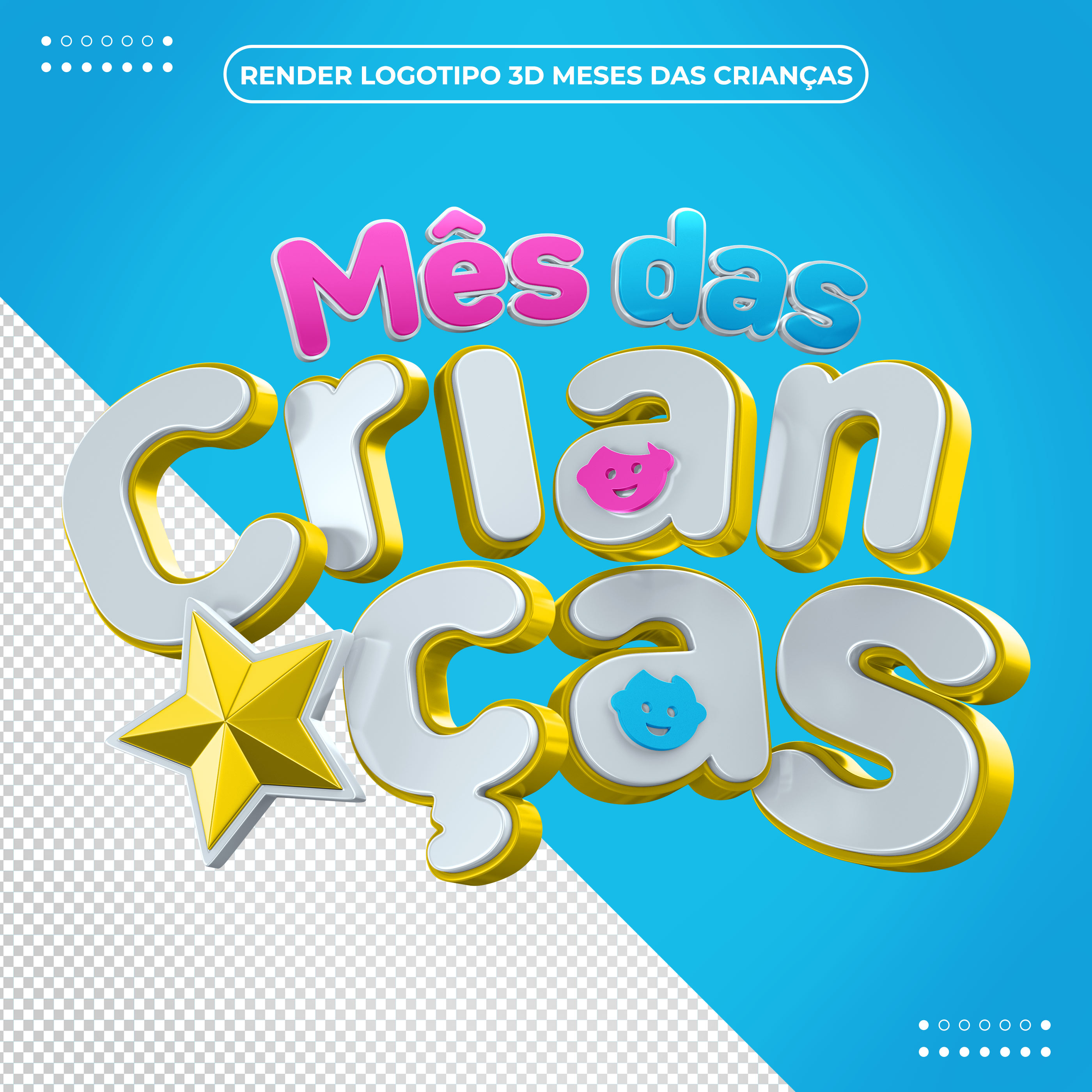 Mês das Crianças Texto 3D amarelo PSD