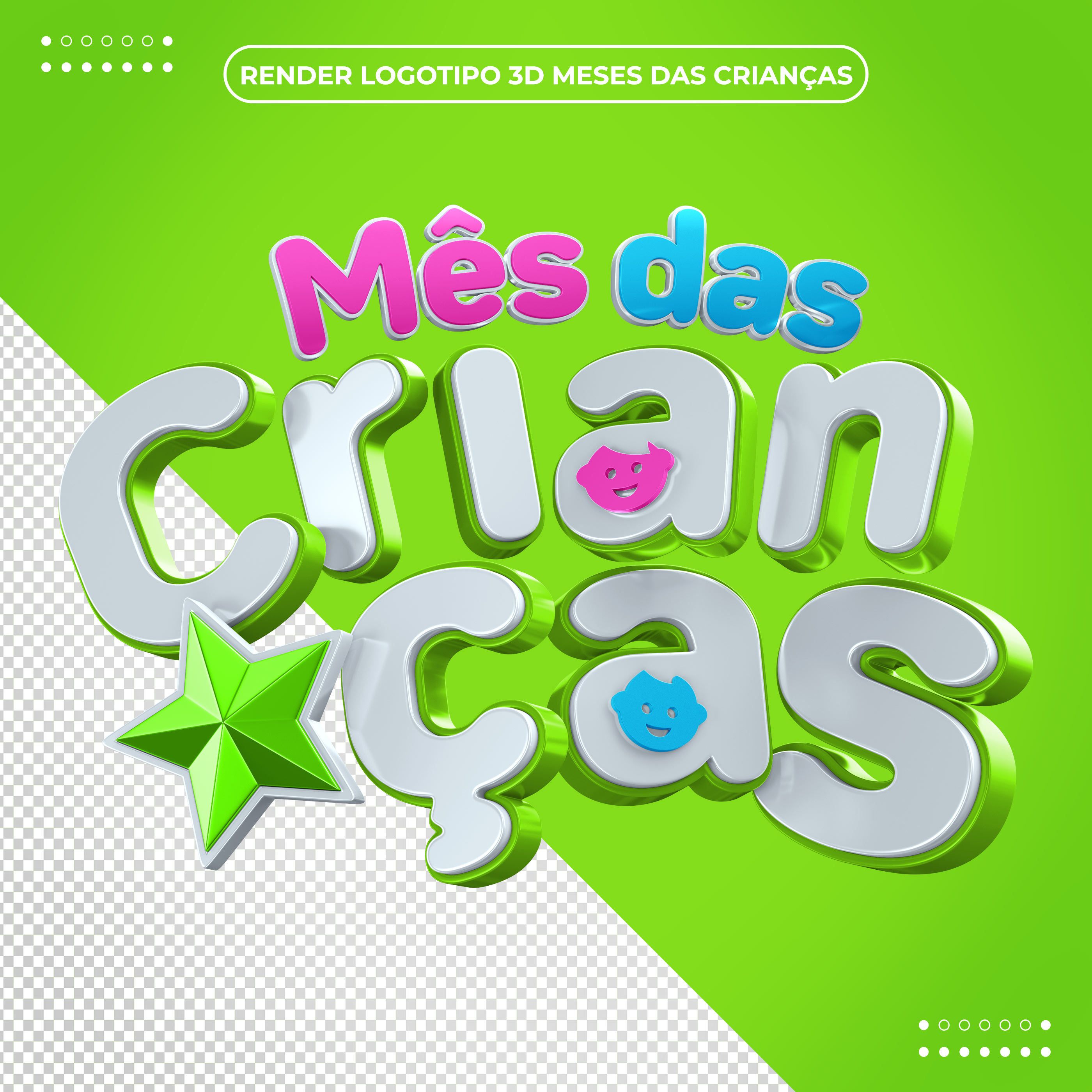 Mês das Crianças Texto 3D verde claro PSD