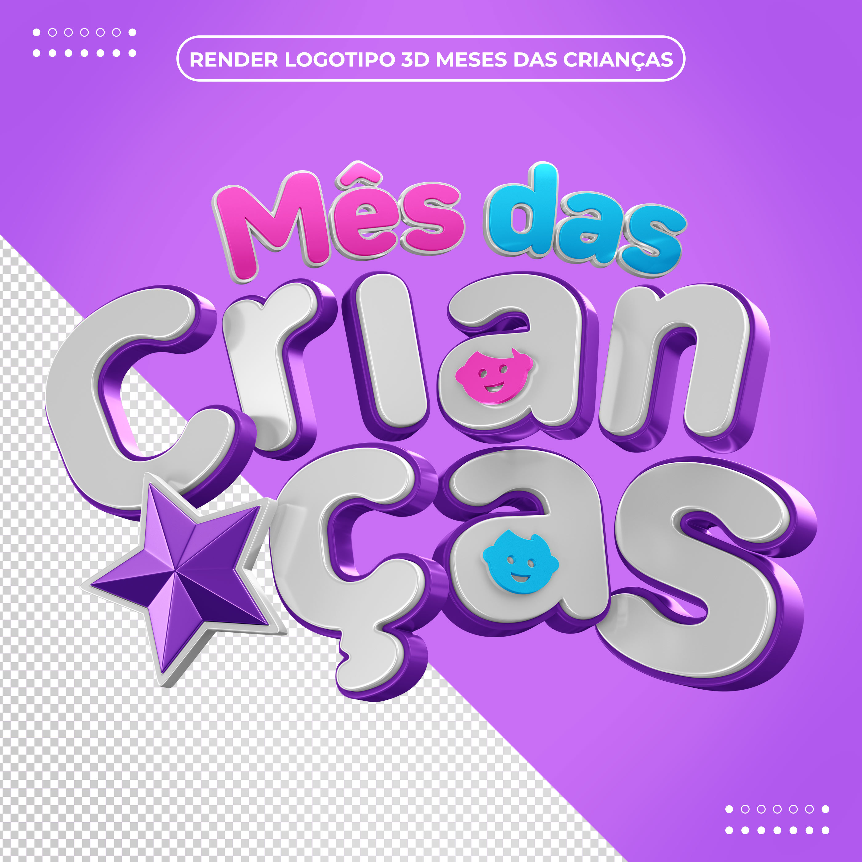 Mês das Crianças Texto 3D Violeta PSD