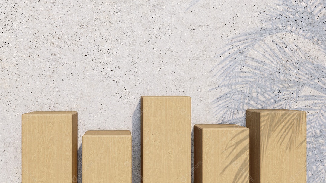 Uma imagem de renderização 3d do produto de madeira em pé na parede de concreto.