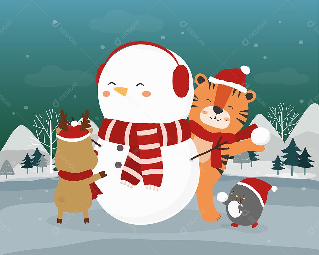 Tigre, rena e pinguim da cena do inverno decorando o boneco de neve
