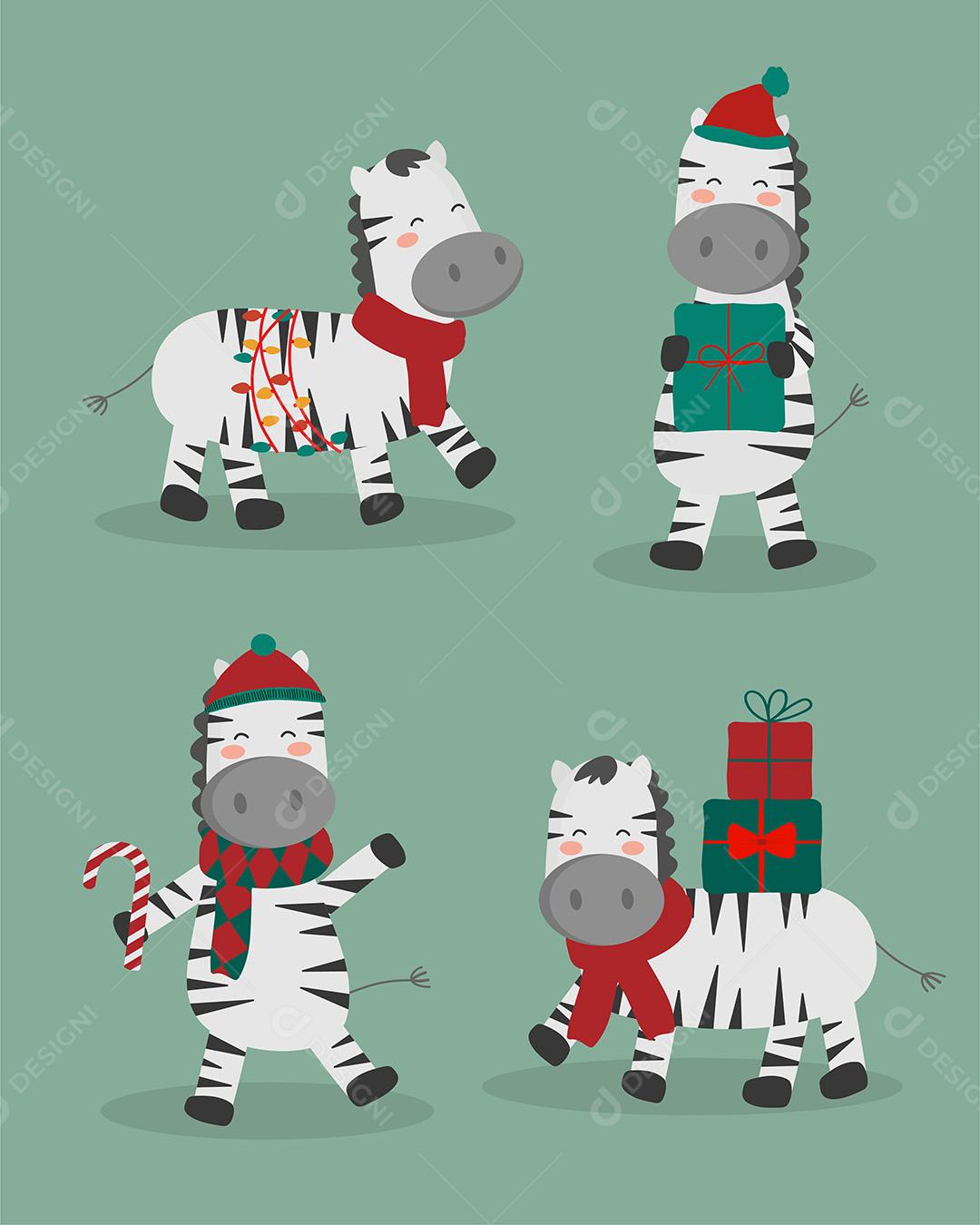 Zebra fofa vetor de desenho animado personagem engraçado no natal