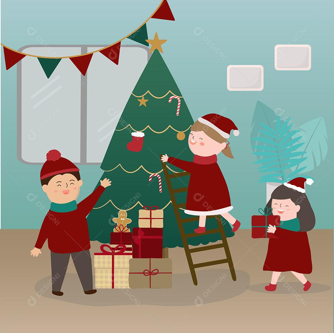 Árvore de Natal de inverno e família decorando a árvore de Natal EPS