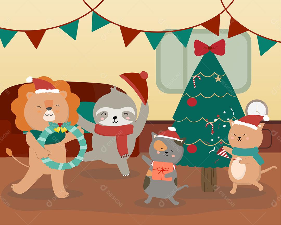 Árvore de Natal de inverno e família animal decorando a árvore de Natal