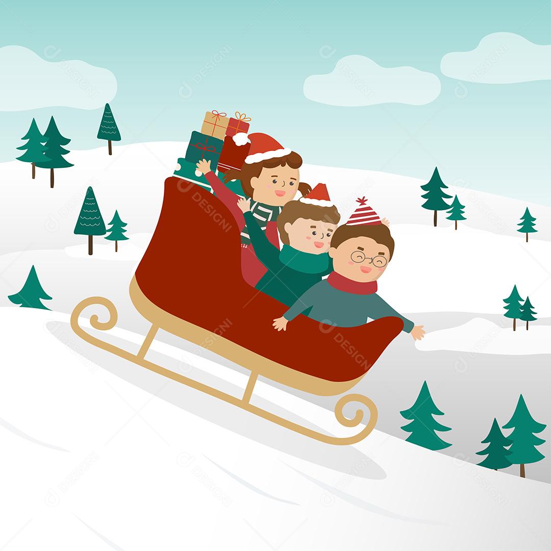 Família brincando de trenó no dia de natal Ilustração vetor EPS