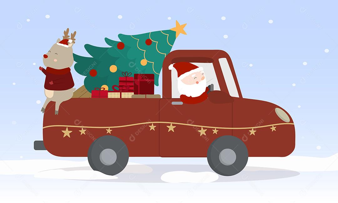 Ilustração Papai noel carregando arvore natalina em seu carro Vetor EPS