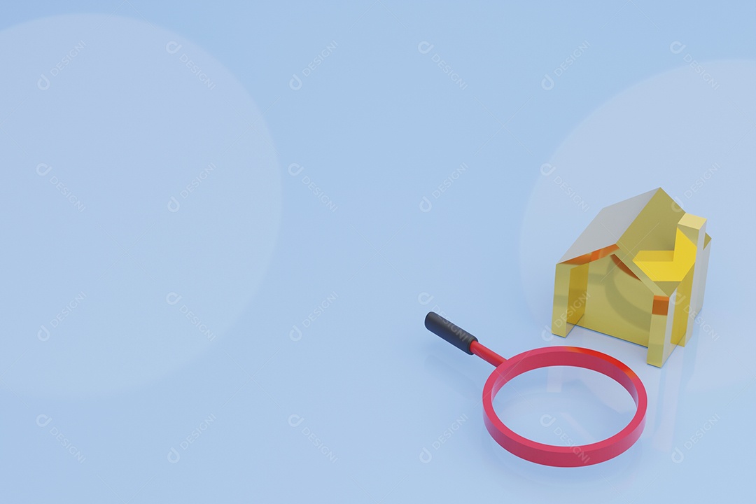 Modelo de casa dourada sobre fundo azul e lupa