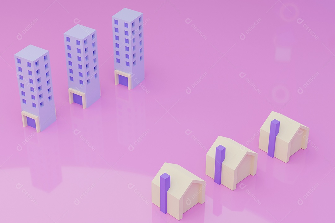 Modelo de 3 casas e 3 condomínios em fundo rosa