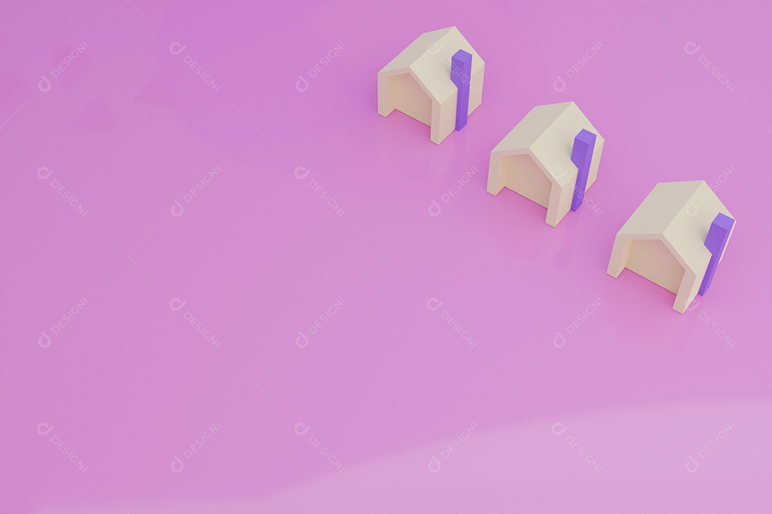 Três casas residenciais em fundo rosa, seleção de casa