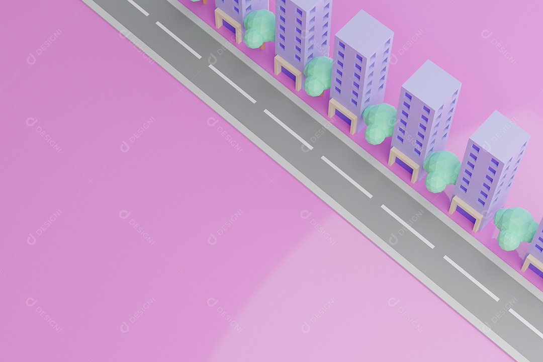 Modelo de 3 condomínios e a rua em frente ao prédio